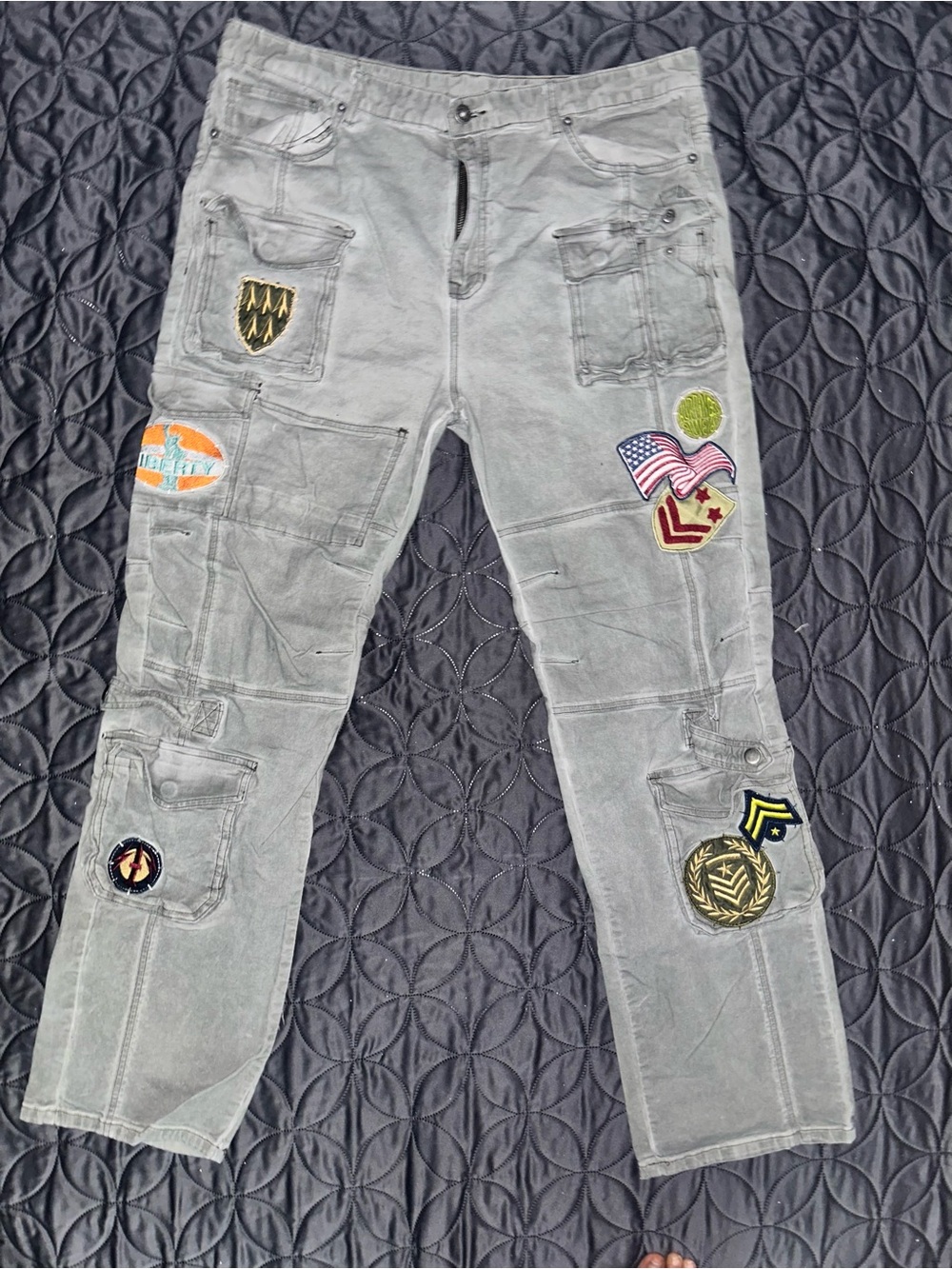 Men's Grey Patchwork Cargo Pants with Embroidered Patches